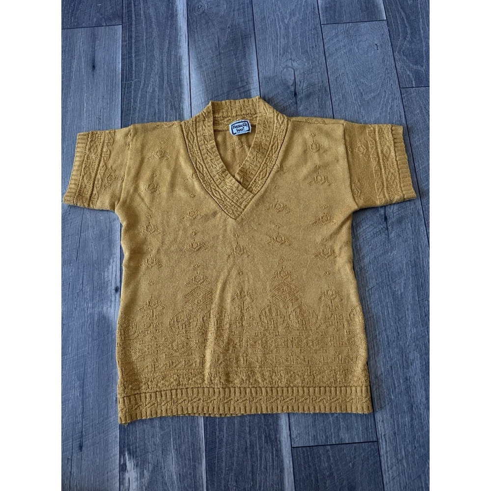 Vtg Kenneth Too! Sweater Top Made In USA Yellow Abstract Metallic Stretch Medium